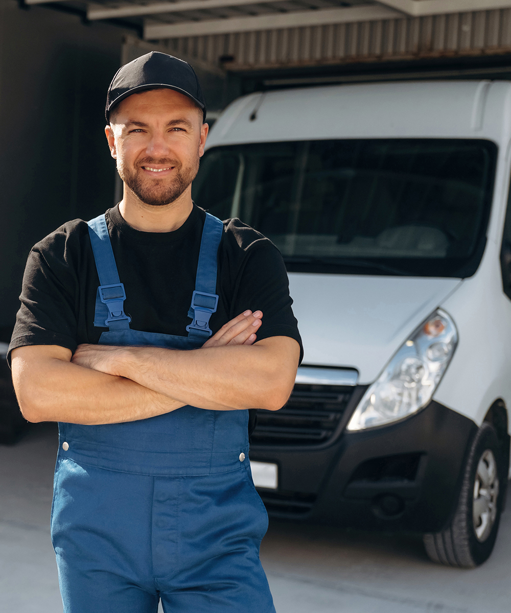 Un professionista davanti a un furgone da lavoro rappresenta il servizio di noleggio furgoni, Veicoli commerciali e da lavoro a lungo termine RentUp Novara, ideale per artigiani, imprese e liberi professionisti.